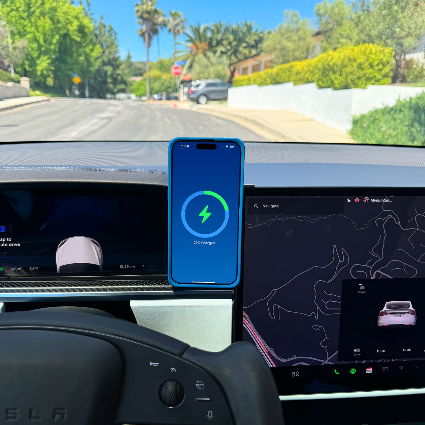 Mounted phone on Left Hand Tesla wireless charger | MTBMX-DG