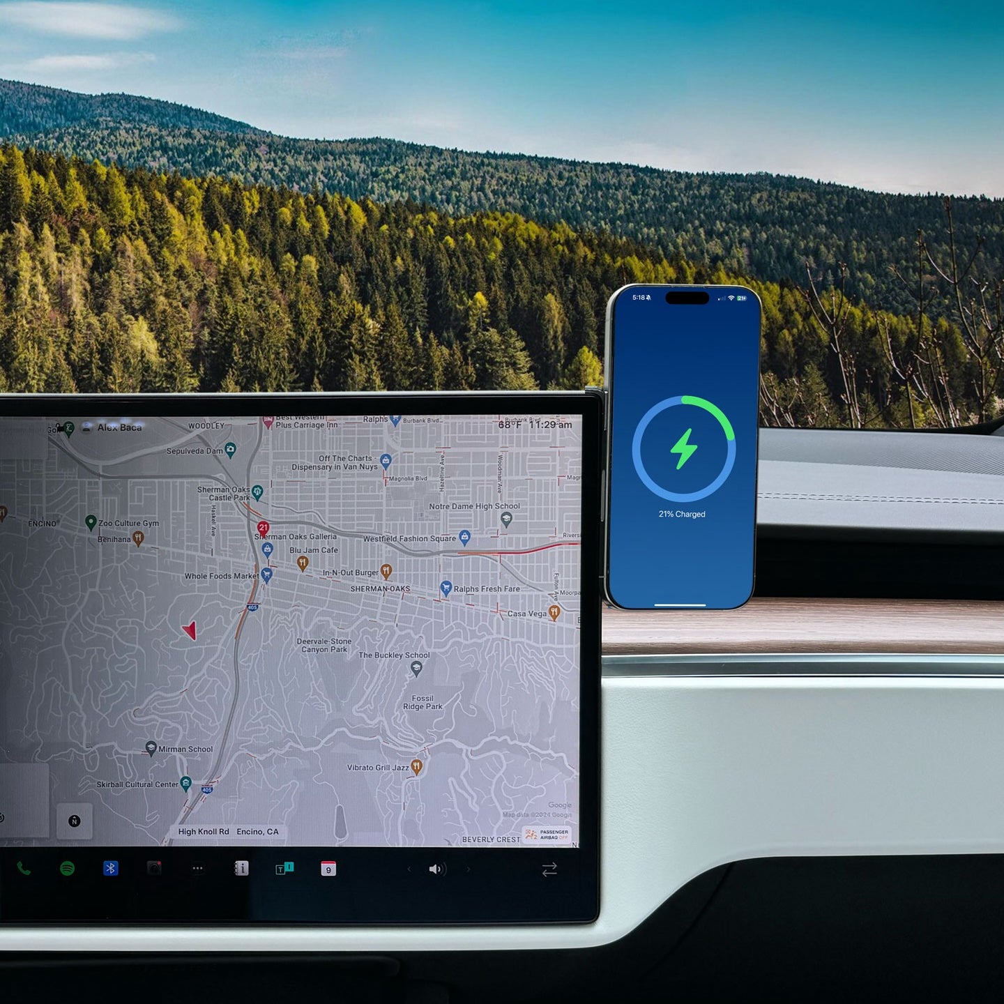 iPhone mounted on Left Hand Tesla wireless charger | MBTMXRH-DG