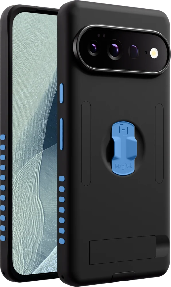 Google Pixel 11 Pro XL in a black Elite Case with light blue accents
