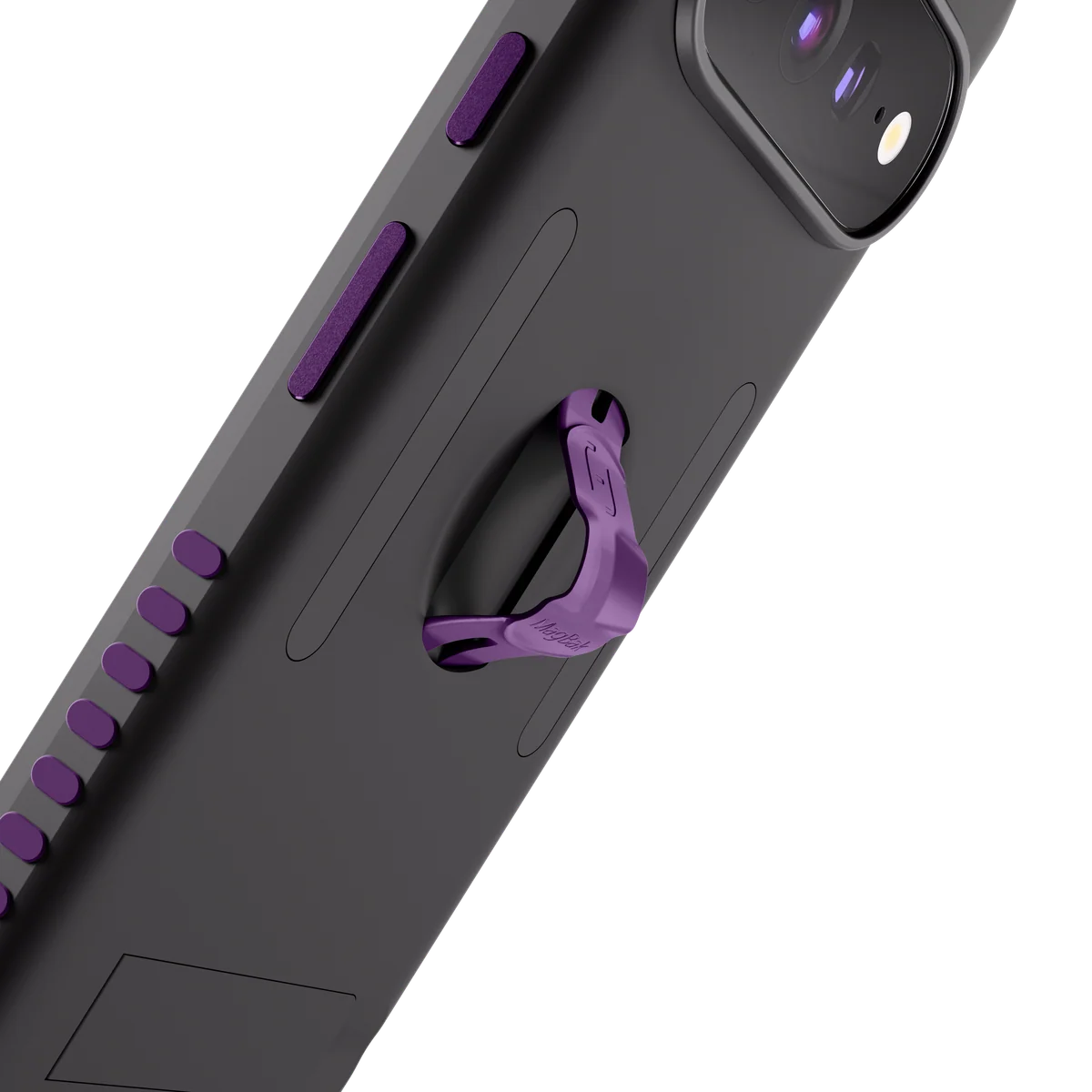 Integrated finger loop folded out from a black Pixel 11 Elite Case with purple accents