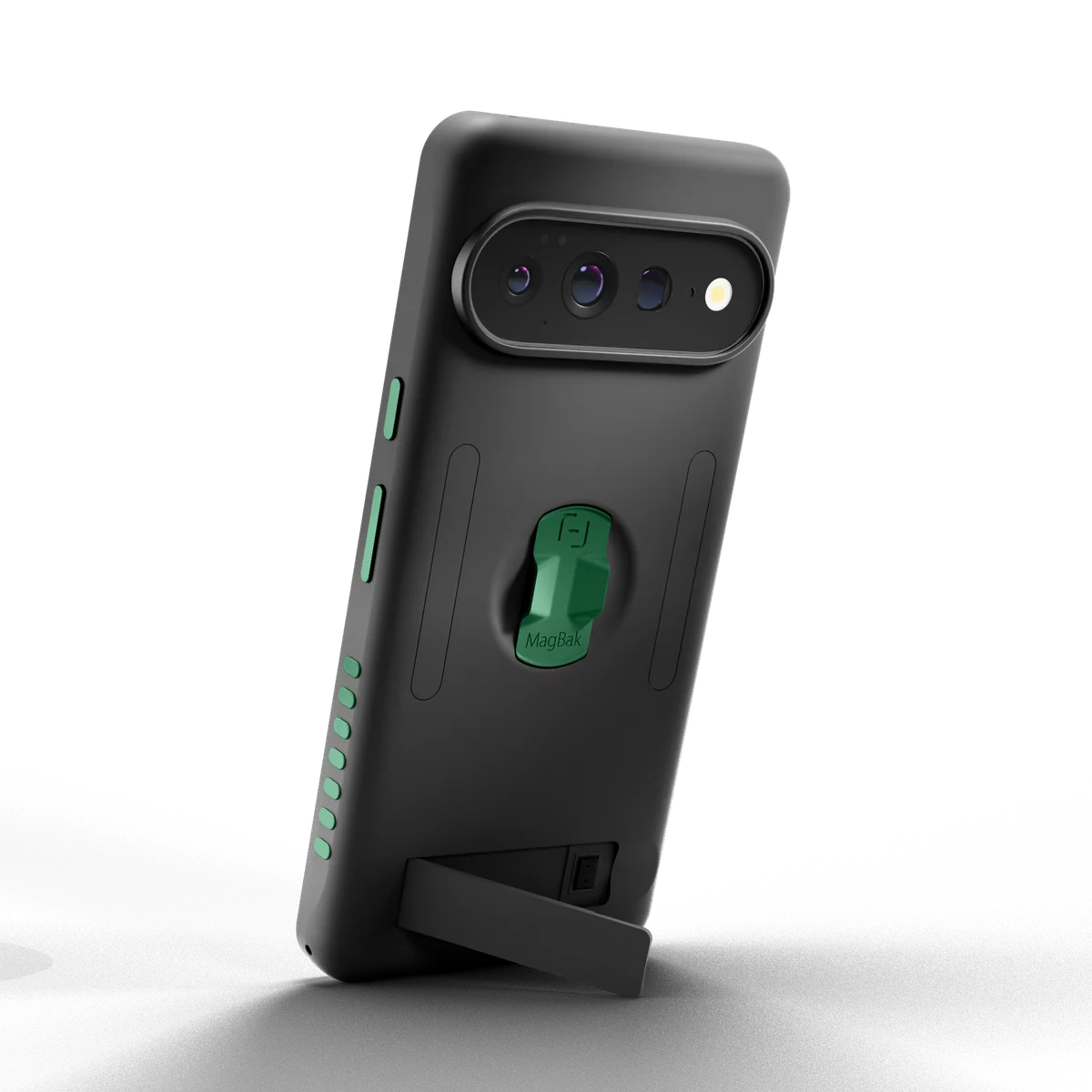 Black Pixel 11 Elite Case with green accents standing in portrait on its integrated kickstand