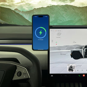 iPhone mounted on Left Hand Tesla wireless charger 