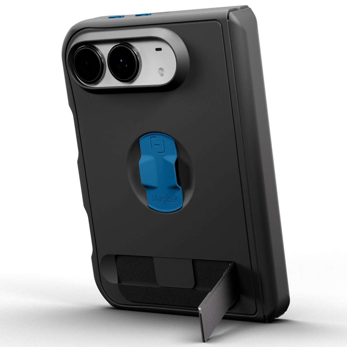 MagBak Elite for iPhone Duo with dark blue accents, folded and propped up on its metal kickstand
