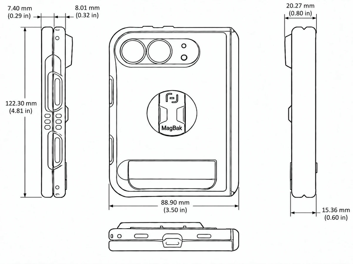 MagBak Elite for iPhone Duo case dimensions: 122.30 mm tall, 88.90 mm wide, 7.40 mm and 8.01 mm panel thickness, 15.36 mm hinge, 20.27 mm folded