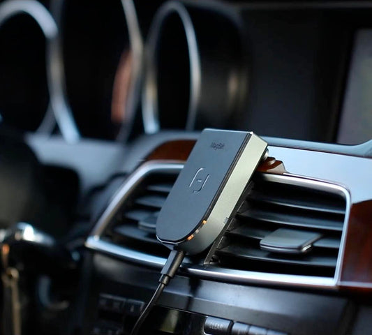 MagBak wireless charger mounted on a car dashboard