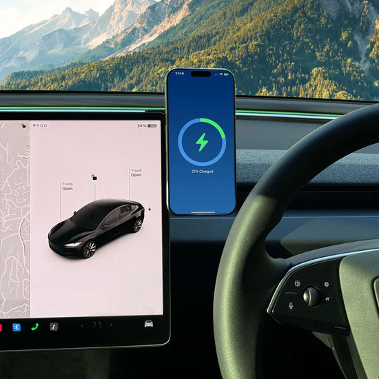 iPhone mounted on Right Hand Tesla wireless charger 