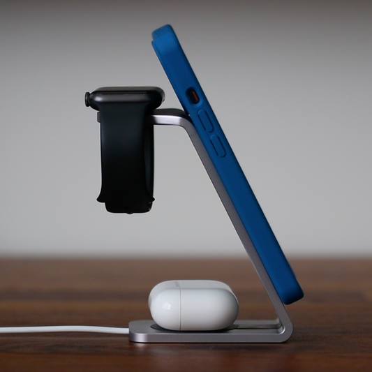 MultiCharger side view charging iPhone, Apple Watch, and AirPods