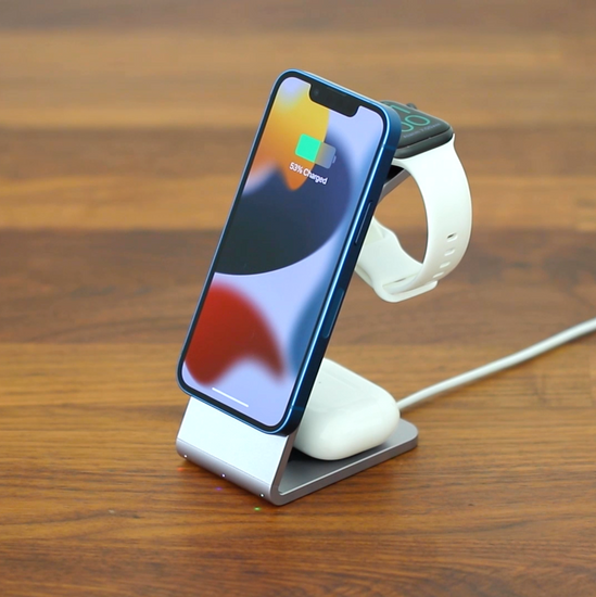 MultiCharger top side view charging iPhone, Apple Watch, and AirPods