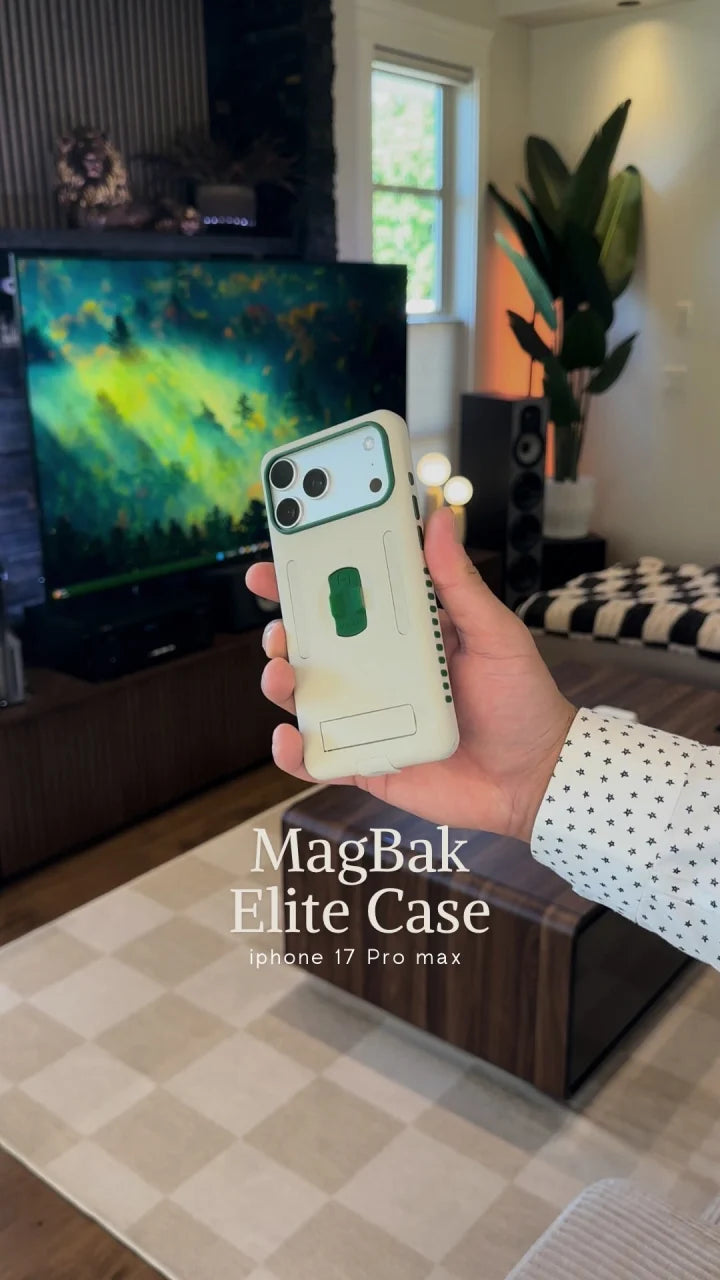 Dennis Anca holding a beige and green MagBak Elite Case for iPhone 17 Pro Max