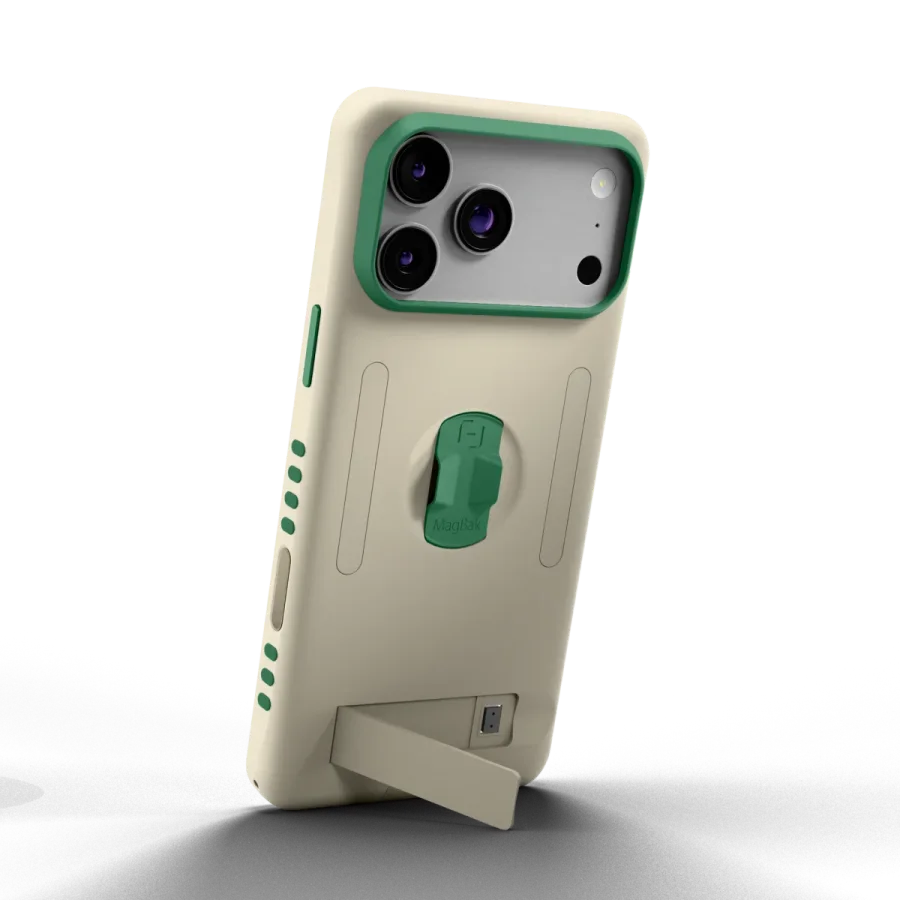 Beige Elite Case with green accents standing in portrait on its integrated kickstand
