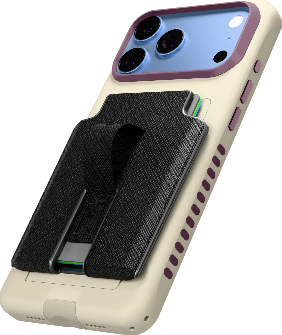 Black Saffiano MagSafe wallet attached to a beige Elite Case