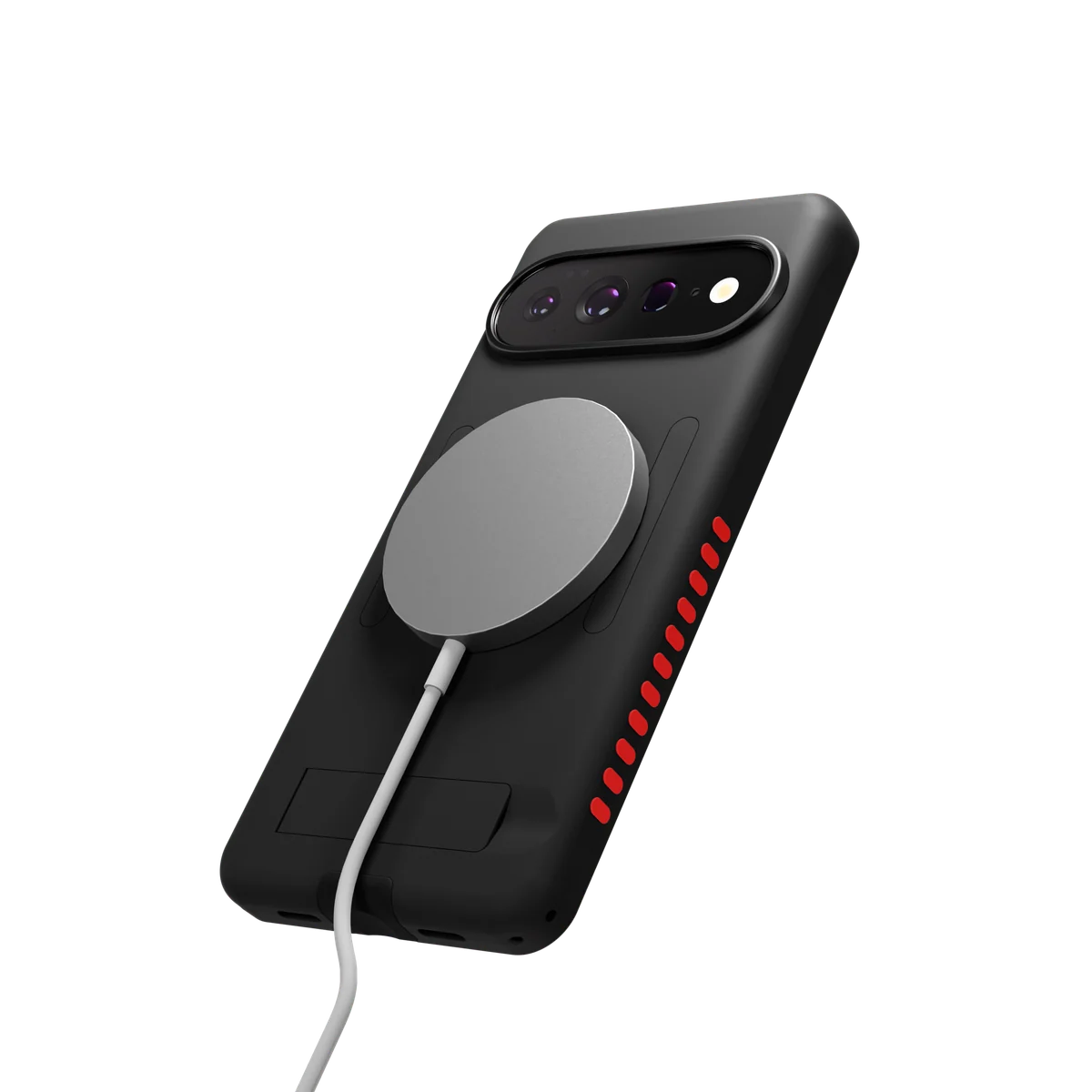 Black Pixel 11 Elite Case with red accents charging wirelessly