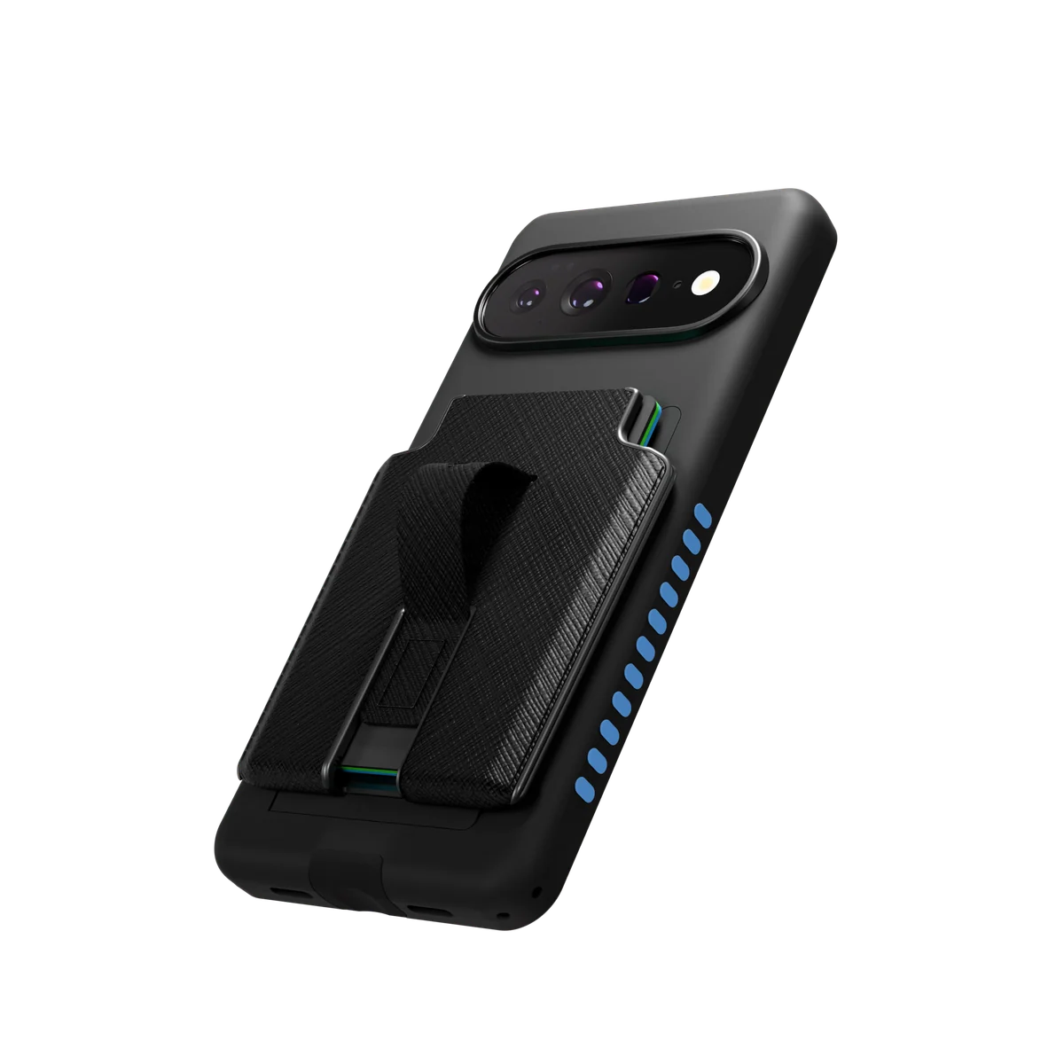 MagBak wallet attached to a black Pixel 11 Elite Case with light blue accents